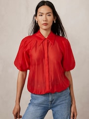 Mint Velvet Red Sheer Puff Sleeve Shirt - Image 2 of 4