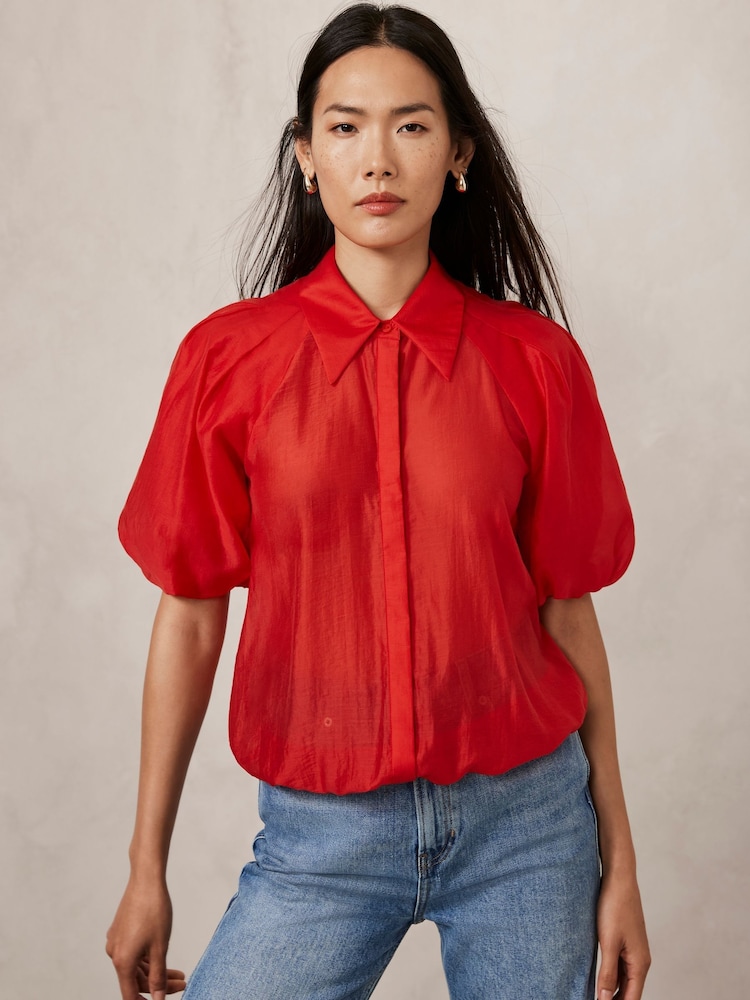 Mint Velvet Red Sheer Puff Sleeve Shirt - Image 2 of 4 Mint Velvet Red Sheer Puff Sleeve Shirt - Image 2 of 4