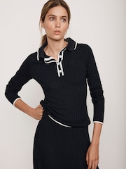 Mint Velvet Blue Contrast Trim Polo Shirt - Image 1 of 4