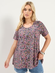 Yours Curve Pink Ditsy Floral Ribbed T-Shirt - Image 1 of 5