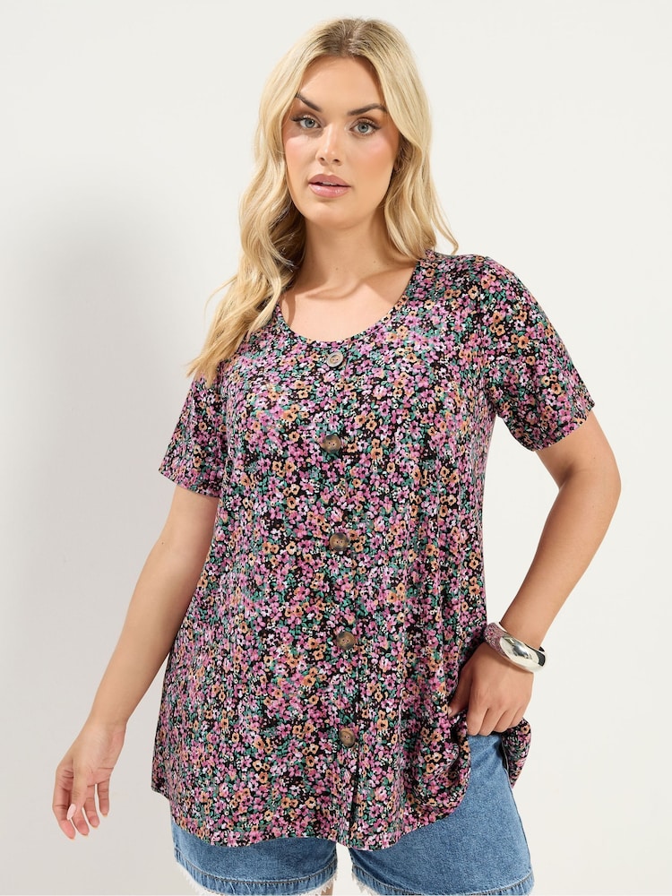 Yours Curve Pink Ditsy Floral Ribbed T-Shirt - Image 1 of 5 Yours Curve Pink Ditsy Floral Ribbed T-Shirt - Image 1 of 5