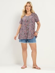 Yours Curve Pink Ditsy Floral Ribbed T-Shirt - Image 2 of 5
