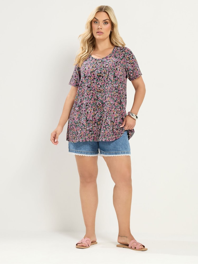 Yours Curve Pink Ditsy Floral Ribbed T-Shirt - Image 2 of 5 Yours Curve Pink Ditsy Floral Ribbed T-Shirt - Image 2 of 5