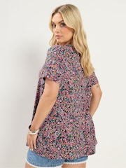 Yours Curve Pink Ditsy Floral Ribbed T-Shirt - Image 3 of 5