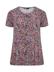 Yours Curve Pink Ditsy Floral Ribbed T-Shirt - Image 5 of 5