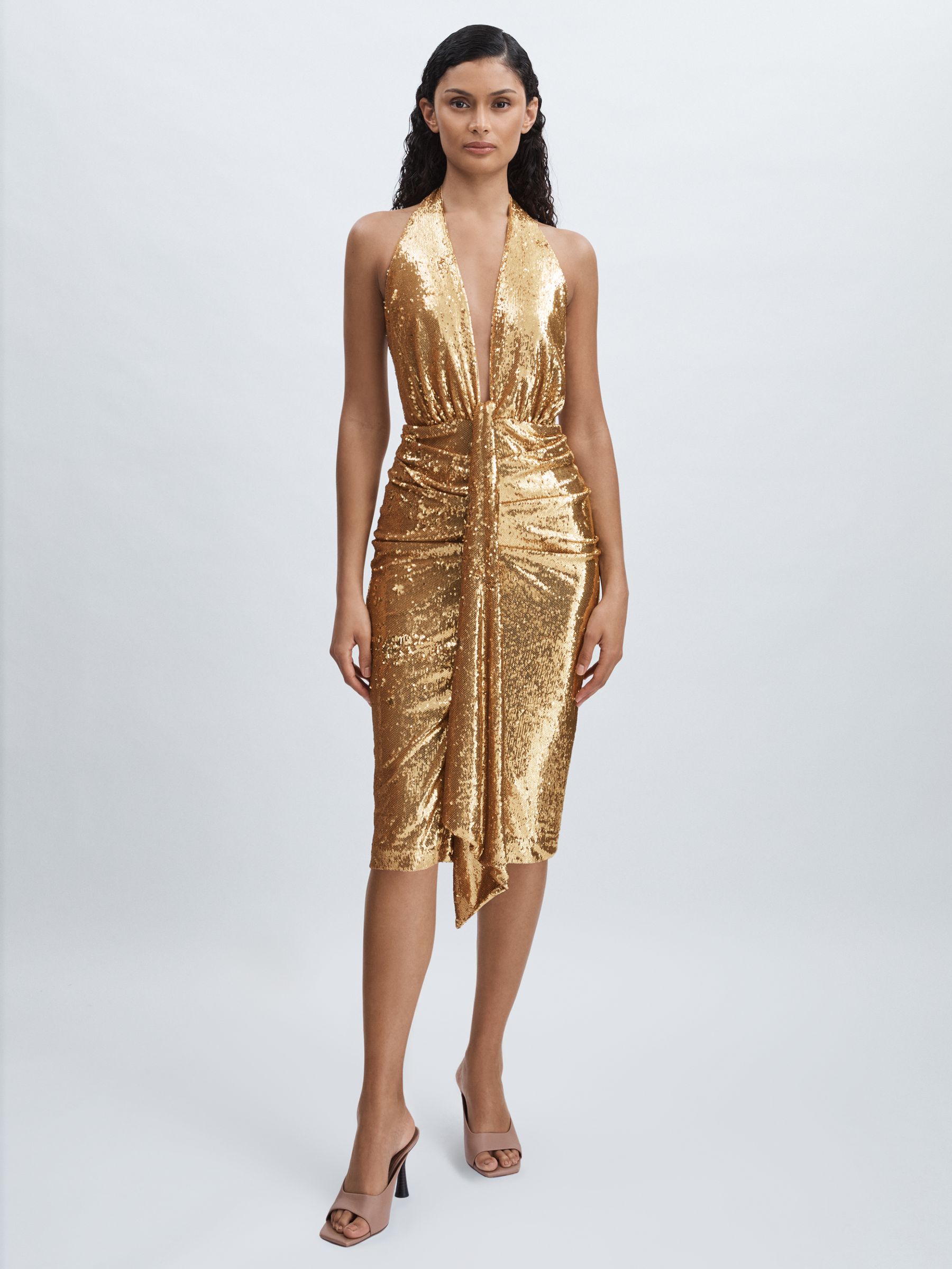 Buy Halston Gold Sequin Halterneck Plunge Dress from Next USA