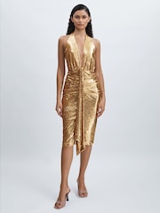 Halston Золотая пайетка Halterneck Plunge платья - Image 1 of 6