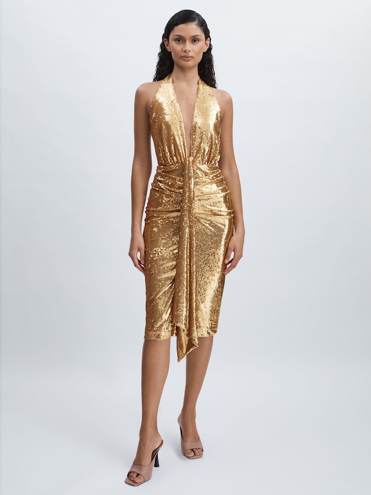 Halston Золотая пайетка Halterneck Plunge платья - Image 1 of 6