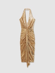Halston Золотая пайетка Halterneck Plunge платья - Image 2 of 6