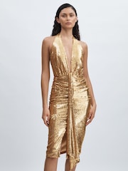 Halston Золотая пайетка Halterneck Plunge платья - Image 3 of 6