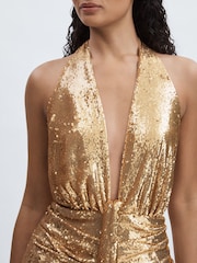 Halston Золотая пайетка Halterneck Plunge платья - Image 4 of 6