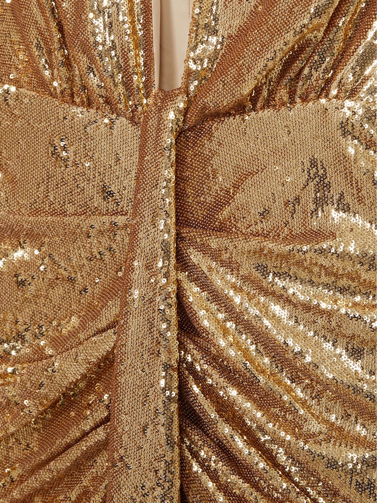 Halston Золотая пайетка Halterneck Plunge платья - Image 6 of 6