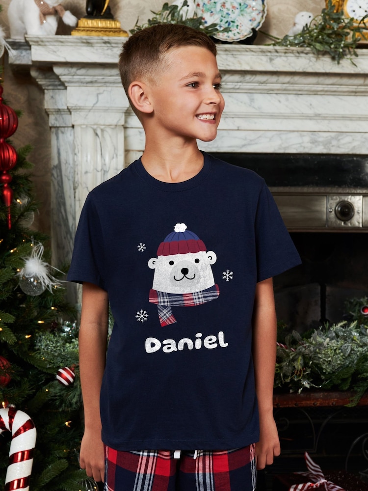 Stitch Style Boys Blue 100% Cotton Personalised Christmas Polar Bear Pyjamas - Image 1 of 5