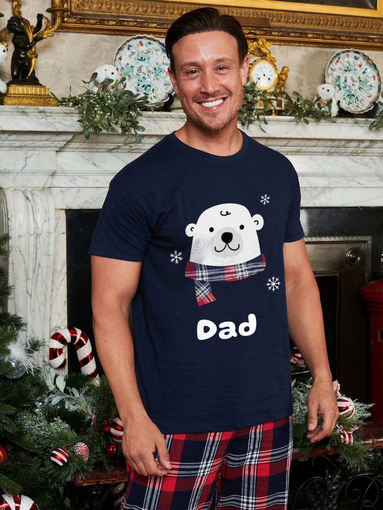 Stitch Style Mens Blue 100% Cotton Personalised Christmas Polar Bear Pyjamas - Image 1 of 1