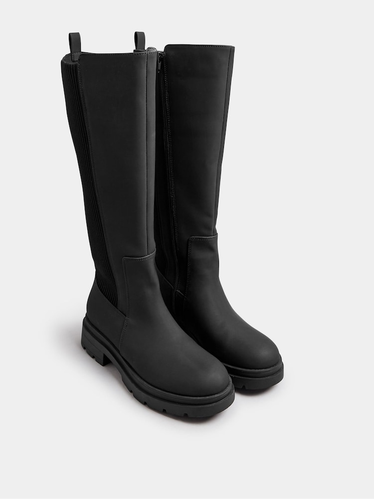 Yours Curve Black Wide Fit Extra Wide Fit Sock Panel Knee High Boots - Image 2 of 5