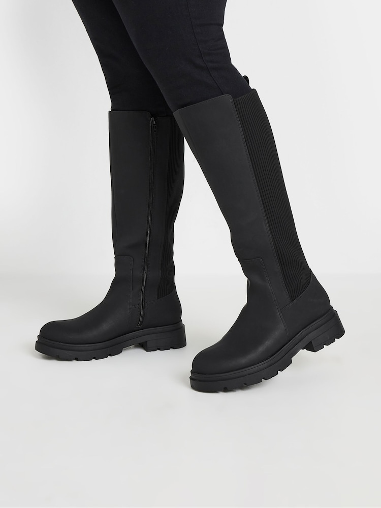 Yours Curve Black Extra Wide Fit Extra Wide Fit Sock Panel Knee High Boots - Image 1 of 5