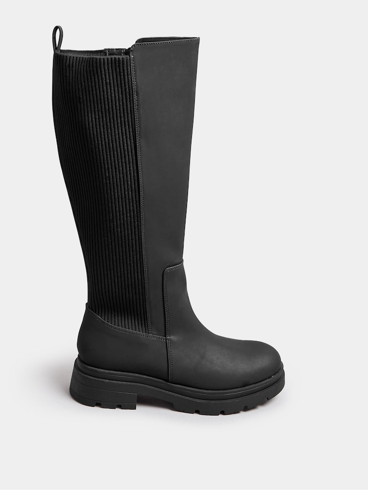 Yours Curve Black Extra Wide Fit Extra Wide Fit Sock Panel Knee High Boots - Image 2 of 5