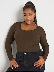 Yours Curve Brown Ribbed Lace Bodies - Image 1 of 5