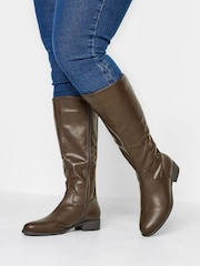 Yours Curve Brown Wide Fit Stretch PU Knee Boots - Image 1 of 5