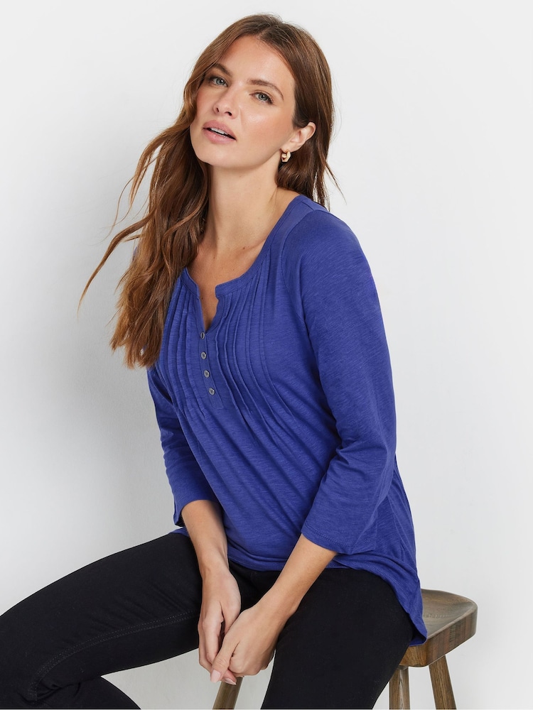 M&Co Blue 3/4 Sleeve 100% Cotton Henley Top - Image 1 of 5