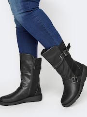Yours Curve Black Extra Wide Fit Extra-Wide Fit Faux Leather Wedge Buckle Boots - Image 1 of 5