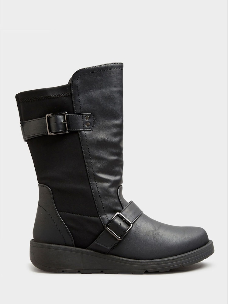 Yours Curve Black Extra Wide Fit Extra-Wide Fit Faux Leather Wedge Buckle Boots - Image 2 of 5