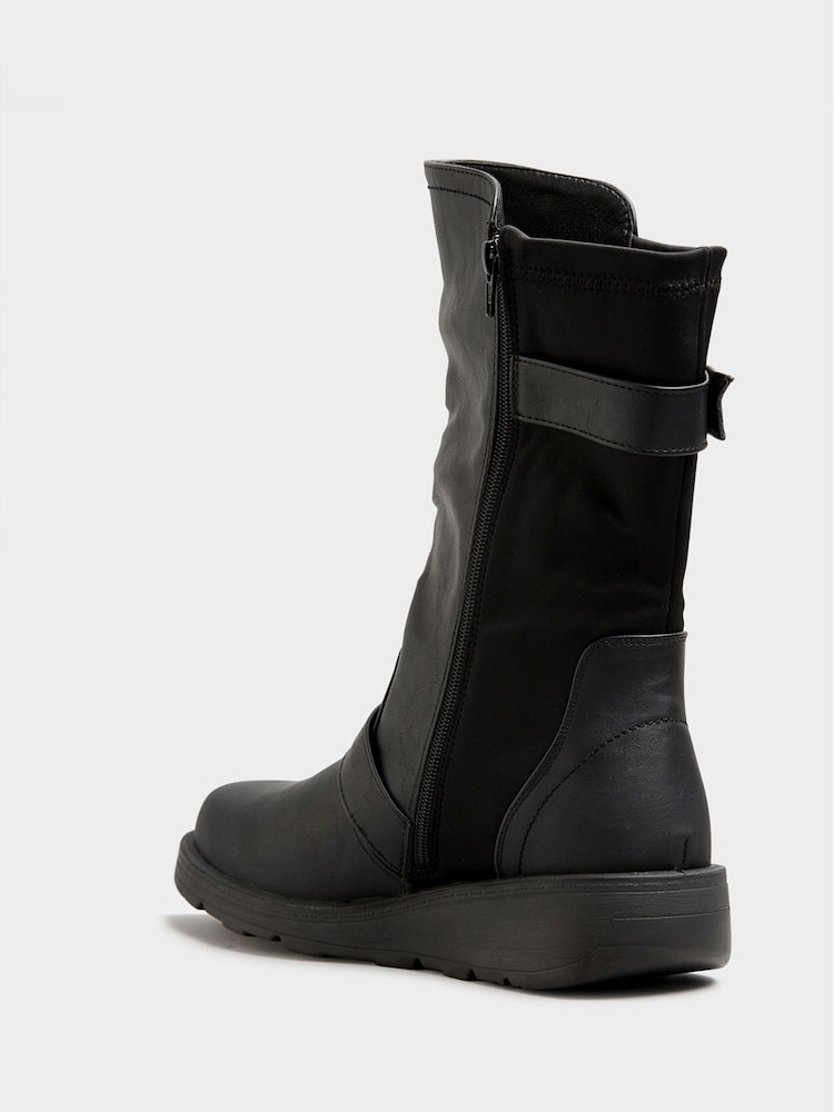 Yours Curve Black Extra Wide Fit Extra-Wide Fit Faux Leather Wedge Buckle Boots - Image 3 of 5
