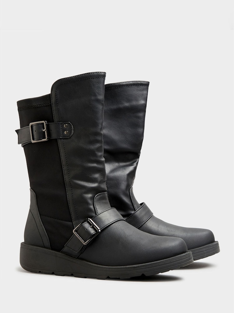 Yours Curve Black Extra Wide Fit Extra-Wide Fit Faux Leather Wedge Buckle Boots - Image 4 of 5