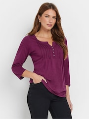 M&Co Purple 3/4 Sleeve 100% Cotton Henley Top - Image 1 of 5