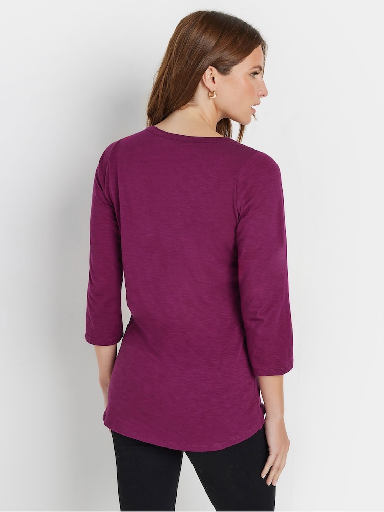 M&Co Purple 3/4 Sleeve 100% Cotton Henley Top - Image 3 of 5