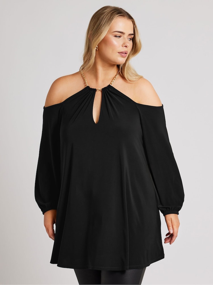 Yours Curve Black London Chain Halter Cold Shoulder Long Sleeve Top - Image 1 of 9