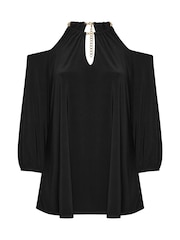 Yours Curve Black London Chain Halter Cold Shoulder Long Sleeve Top - Image 9 of 9