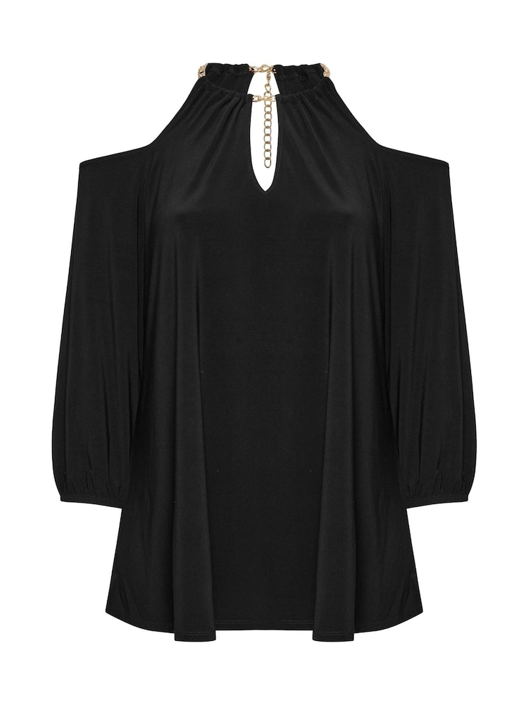Yours Curve Black London Chain Halter Cold Shoulder Long Sleeve Top - Image 9 of 9
