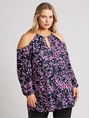 Yours Curve Purple London Chain Halter Cold Shoulder Long Sleeve Top - Image 1 of 5