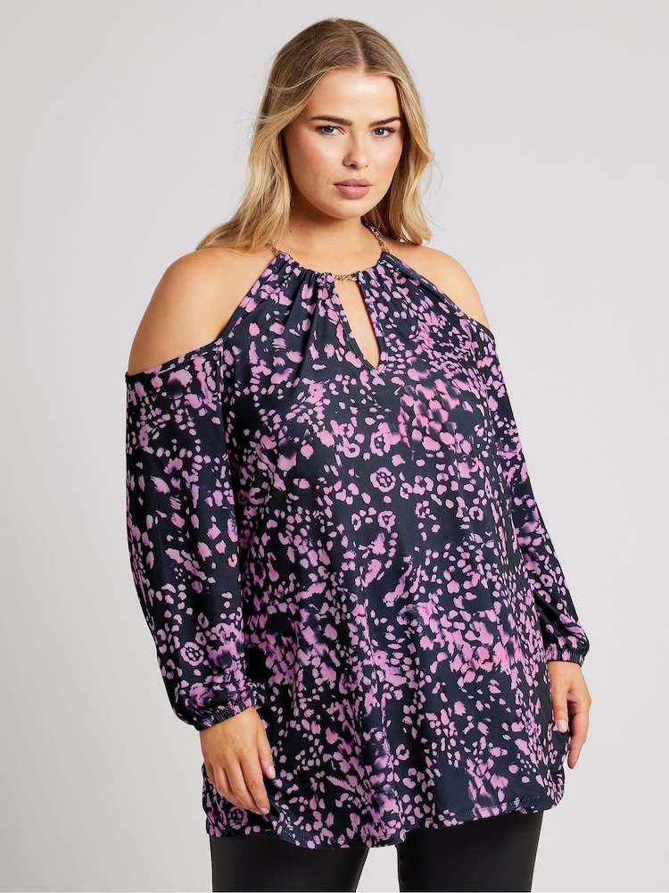 Morado - Top de manga larga con hombros descubiertos y cuello halter con cadena London de Yours Curve - Imagen 1 de 5 Morado - Top de manga larga con hombros descubiertos y cuello halter con cadena London de Yours Curve - Imagen 1 de 5