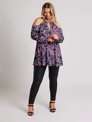 Yours Curve Purple London Chain Halter Cold Shoulder Long Sleeve Top - Image 2 of 5