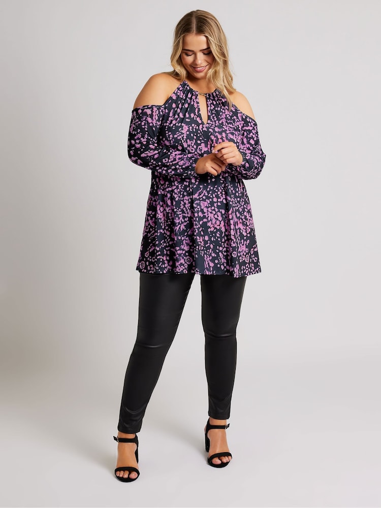 Yours Curve Purple London Chain Halter Cold Shoulder Long Sleeve Top - Image 2 of 5