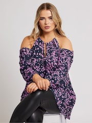 Yours Curve Purple London Chain Halter Cold Shoulder Long Sleeve Top - Image 3 of 5