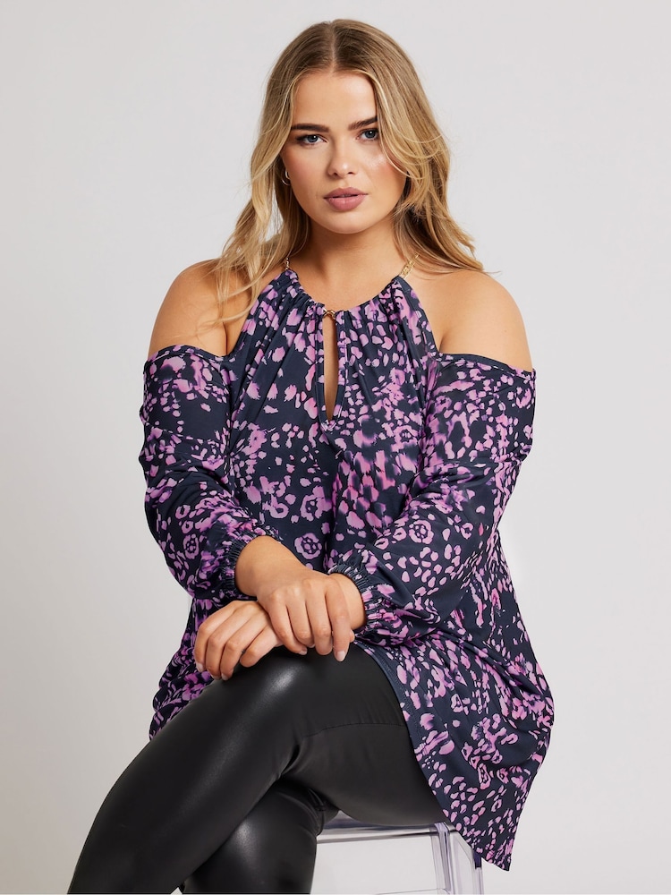 Yours Curve Purple London Chain Halter Cold Shoulder Long Sleeve Top - Image 3 of 5