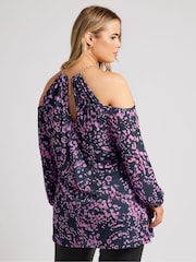 Yours Curve Purple London Chain Halter Cold Shoulder Long Sleeve Top - Image 4 of 5