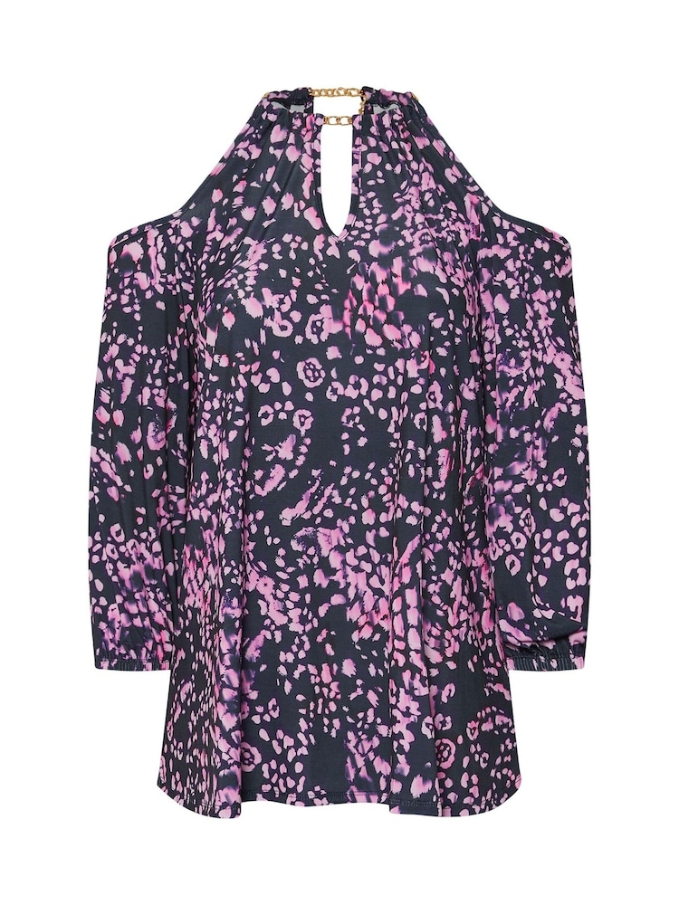 Yours Curve Purple London Chain Halter Cold Shoulder Long Sleeve Top - Image 5 of 5