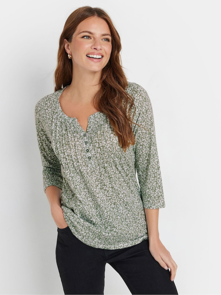 M&Co Green 3/4 Sleeve 100% Cotton Henley Top - Image 1 of 5