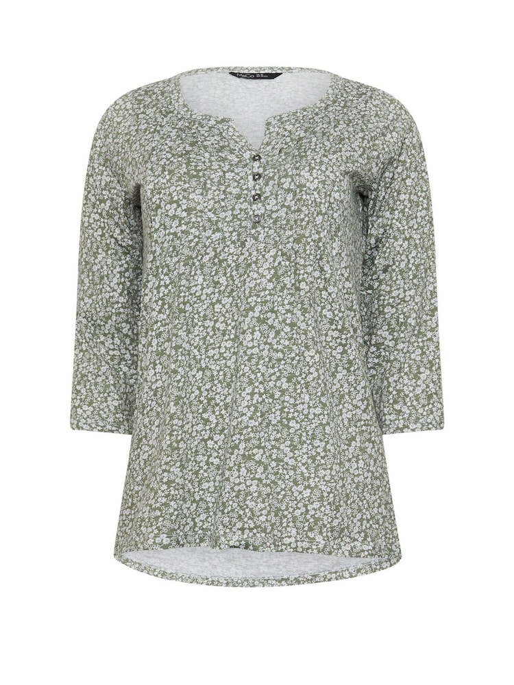 M&Co Green 3/4 Sleeve 100% Cotton Henley Top - Image 5 of 5
