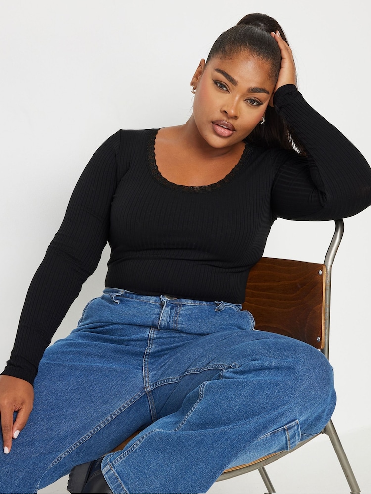 Yours Curve Black Ribbed Lace Bodies - Image 1 of 5