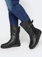 Yours Curve Black Wide Fit Extra-Wide Fit Faux Leather Wedge Buckle Boots - Image 1 of 5