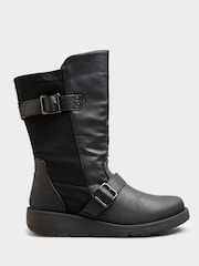 Yours Curve Black Wide Fit Extra-Wide Fit Faux Leather Wedge Buckle Boots - Image 2 of 5