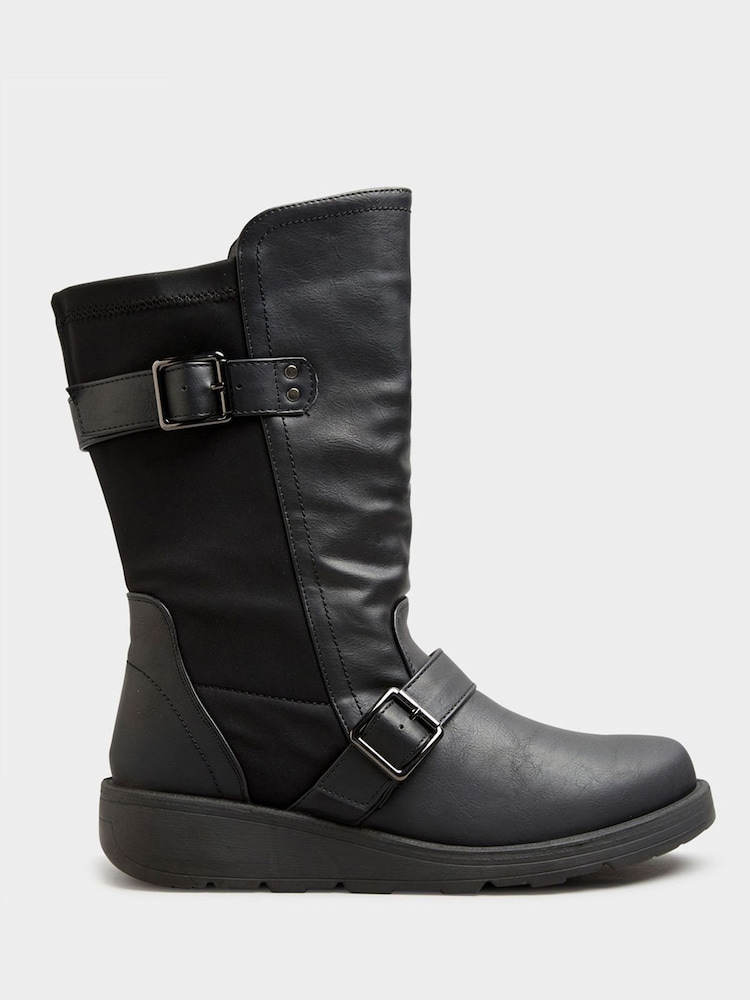 Yours Curve Black Wide Fit Extra-Wide Fit Faux Leather Wedge Buckle Boots - Image 2 of 5