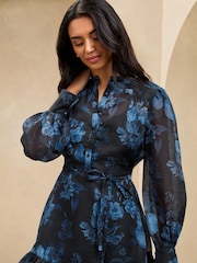 Lipsy Blue Floral Woven Mini Shirt Dress - Image 3 of 4