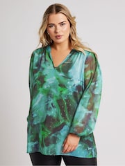 Yours Curve Green London Blurred Abstract Overhead Blouse - Image 1 of 5