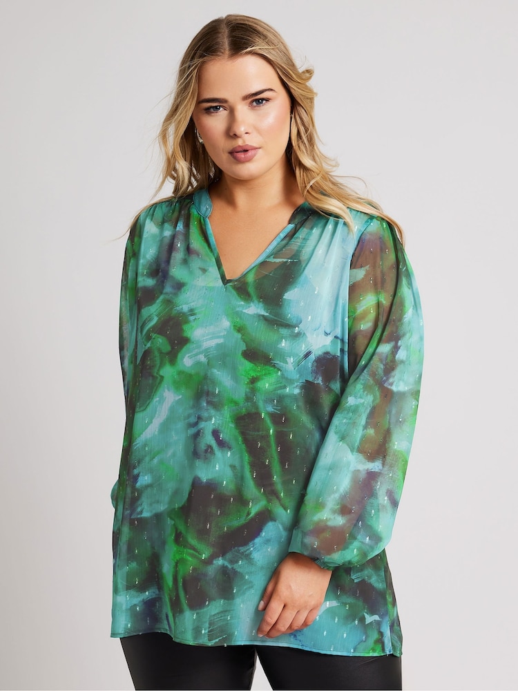 Yours Curve Green London Blurred Abstract Overhead Blouse - Image 1 of 5